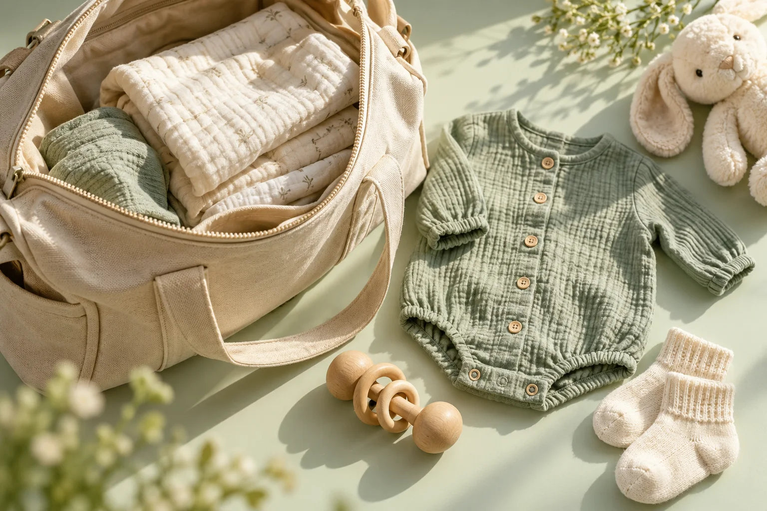 Baby clothing, muslins and a changing bag ready for a new arrival